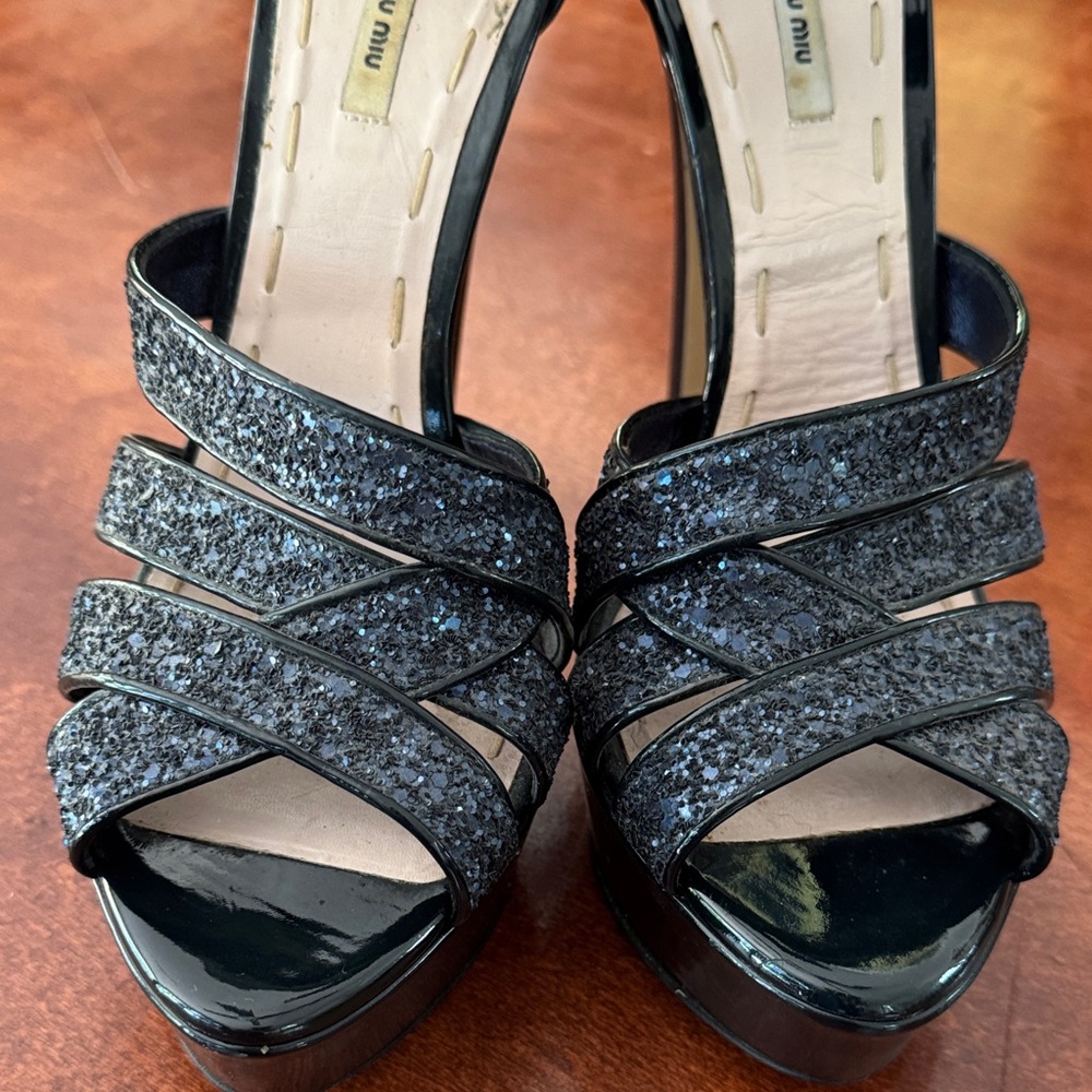 Miu Miu Navy Blue Glitter Platform Ankle-Strap Sandals - Picture 5 of 13